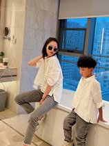 Lu Ma 2023 spring and autumn new style parent-child clothing boys fashionable shirts mother-son mother-daughter fashionable pure white Korean style shirt trend