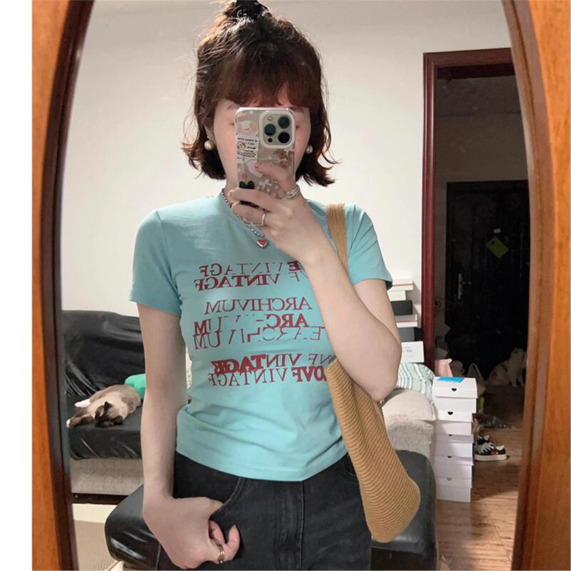 Elegant American Retro Design Letter Print Round Neck Short-Sleeved T-Shirt 2026 Summer New Slim Fit Sexy Top