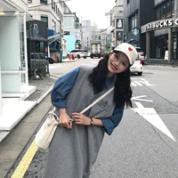 Cô gái dịu dàng mùa thu đông phiên bản Hàn Quốc của ulzzang áo sơ mi kẻ sọc đơn giản + bộ váy in chữ không tay đồ bộ nữ đẹp