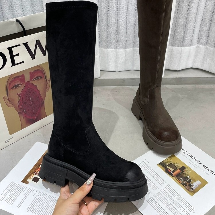 2026 New Thick-Soled Elastic Long Boots, High Boots, Long Boots for Women, Slim Fit, Autumn Slip-On, Casual, Fashionable, with Fleece Lining
