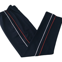 Spring and summer cotton dark navy blue trousers inlaid with white and red fine bars sports pants Terry school pants casual pants straight