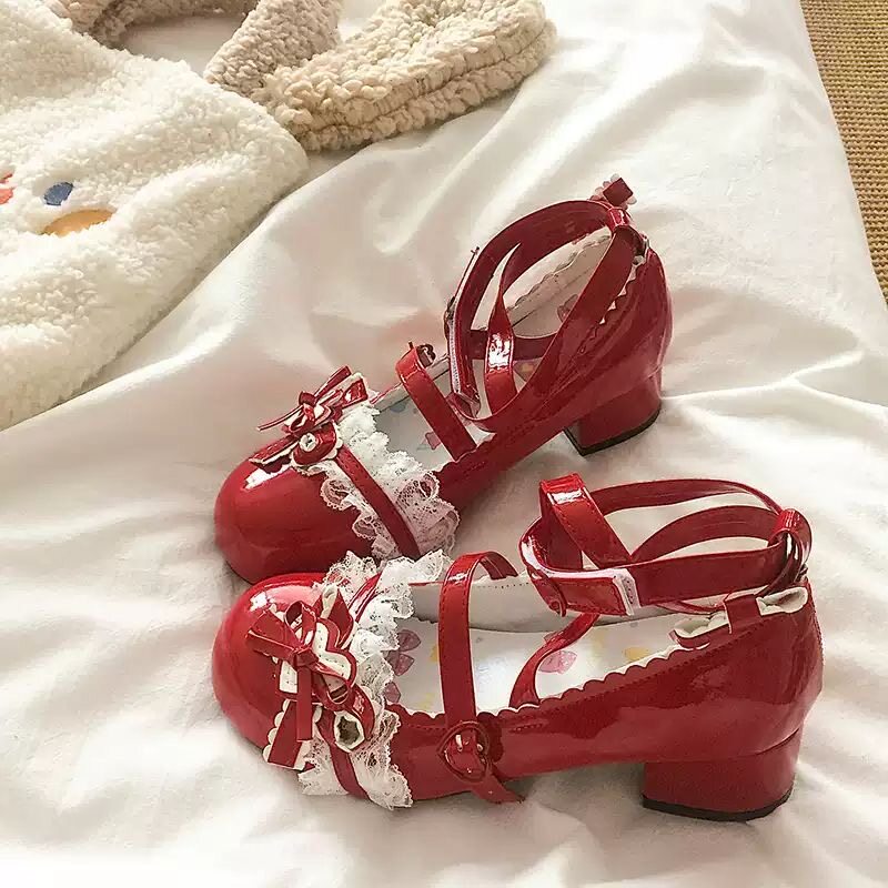 2026 Original Sweet Lolita Shoes Women's High Heels Floral Season Lolita Mary Jane Mid-Heel Leather Shoes