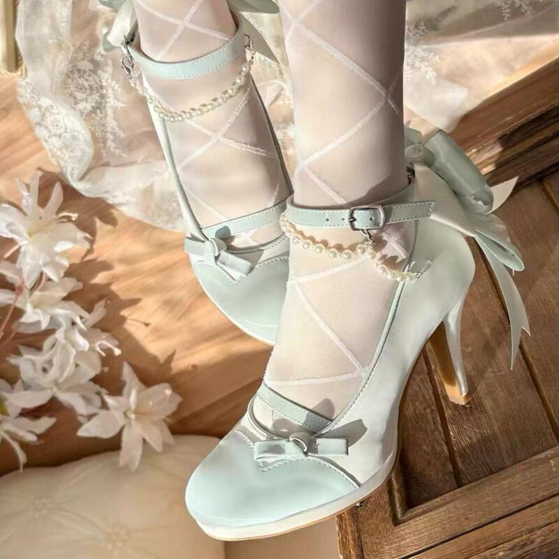 Monet Garden Lolita Bow Lace Pearl Strap Elegant Beautiful Girl Mary Jane Lo High Heels