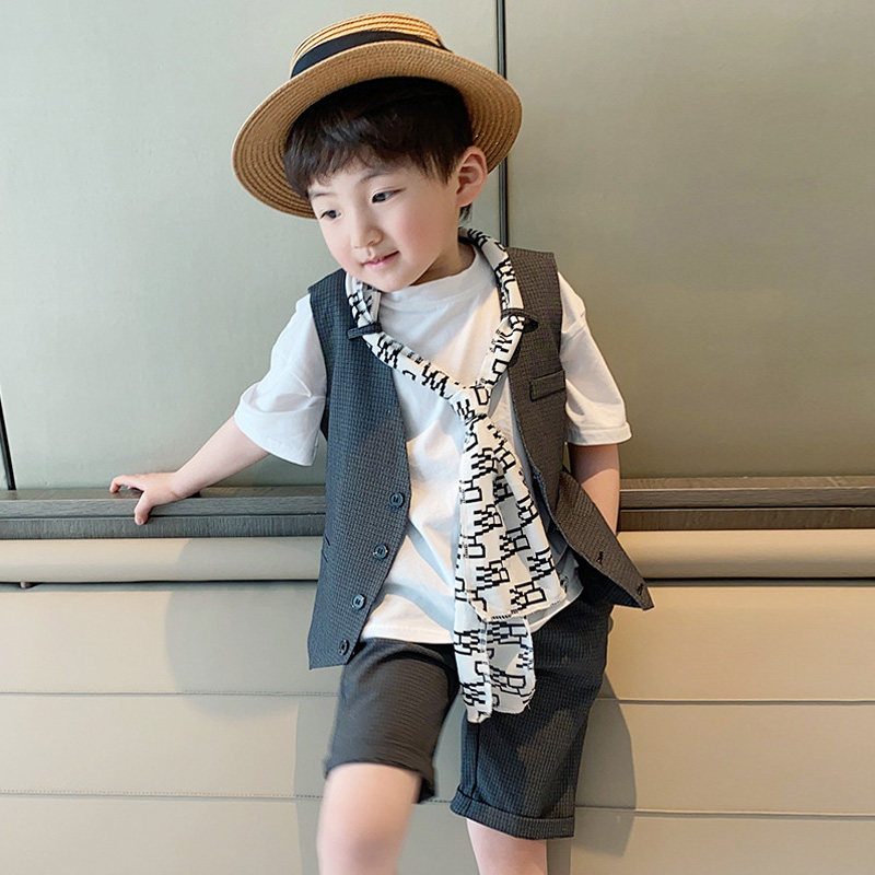 Children's Dress Boys Suit Suit Summer Casual Western Style Birthday Suit British Style Short Sleeve Small Vest Flower Girl