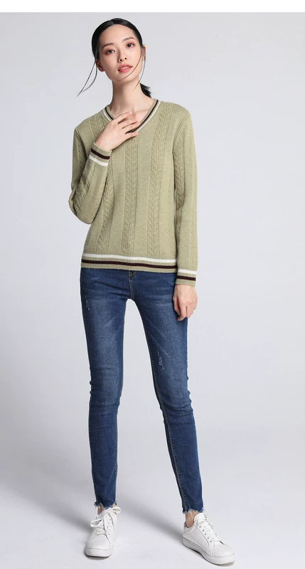 Hengyuanxiang 2019 mùa thu và mùa đông áo len cashmere tinh khiết của phụ nữ đường kẻ tương phản màu tương phản áo len cổ chữ V áo len dệt kim - Áo / áo thun