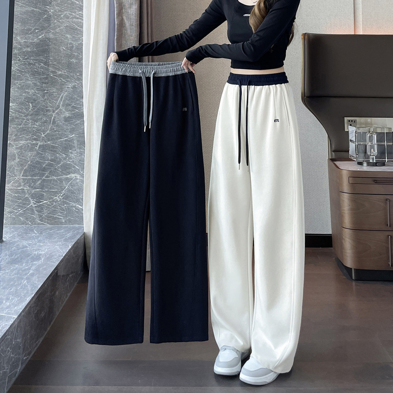 Pure Cotton Wide-Leg Pants for Women, High-Waisted Color-Blocked Slim Straight Pants, New Spring Fleece-Lined Sports Casual Pants Pure Cotton Wide-Leg Pants for Women, High-Waisted Color-Blocked Slim Straight Pants, New Spring Fleece-Lined Sports Casual Pants