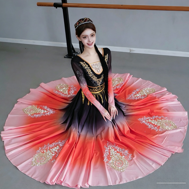 Xinjiang Dance Performance Costumes, Gradient Large Hem Skirt Performance Costumes, Uyghur Dance Costumes, Uyghur Guli Dance Costumes