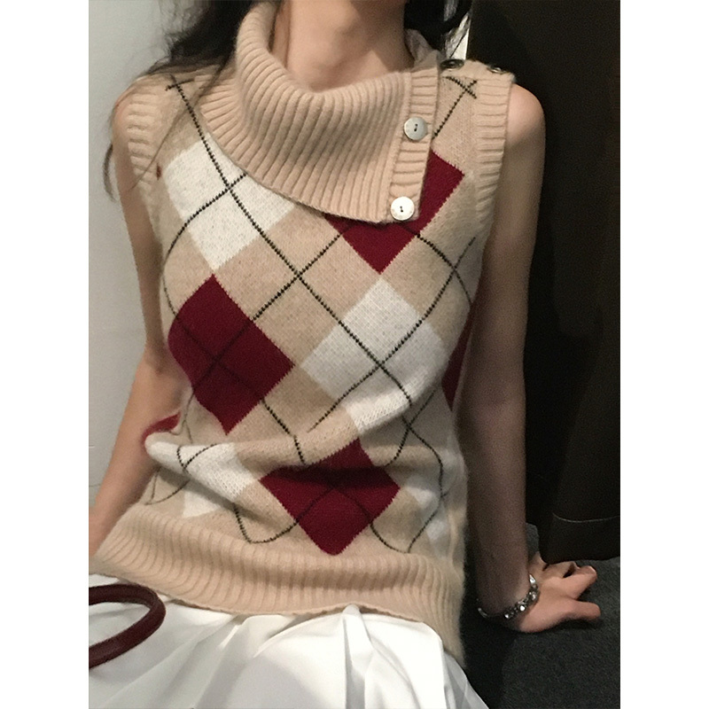 【A Piece of Vintage Clothing】Vtg Retro Diamond-Patterned Diagonal Collar Knitted Vest for Women, Sleeveless Mid-High Collar Sweater, Autumn and Winter Top 【A Piece of Vintage Clothing】Vtg Retro Diamond-Patterned Diagonal Collar Knitted Vest for Women, Sleeveless Mid-High Collar Sweater, Autumn and Winter Top