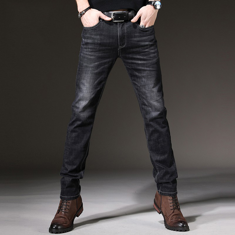 Summer Thin Jeans for Men, Mid-Low Waist, Slim Straight Leg, Casual Business Belt Style, Black Stretch Men's Trousers