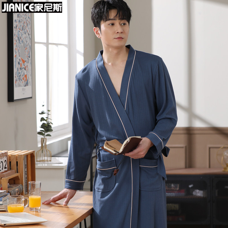 Home nice men's bathrobe four seasons pure cotton adult bathrobe spring and autumn nightgown summer five-star hotel four seasons universal