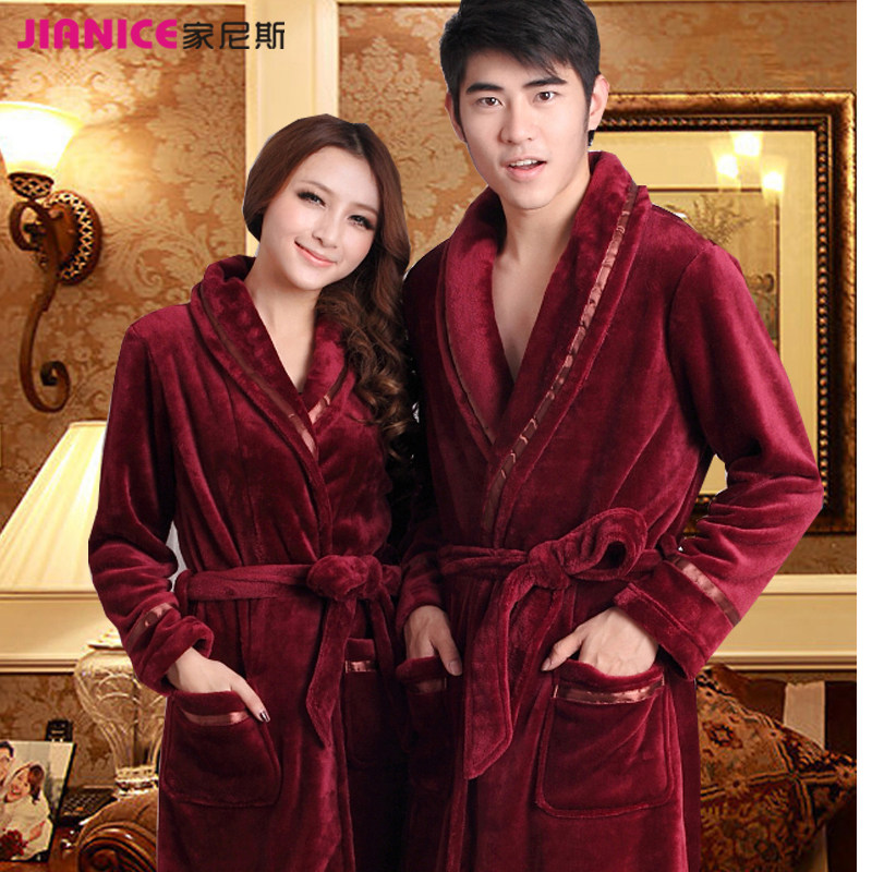 Nightgown female winter thickened long section coral fleece lovers bathrobe pajamas female men autumn and winter flannel bathrobe