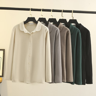 衬衫t恤女长袖大码2023年秋冬新款胖mm显瘦遮肚子套头德绒打底衫