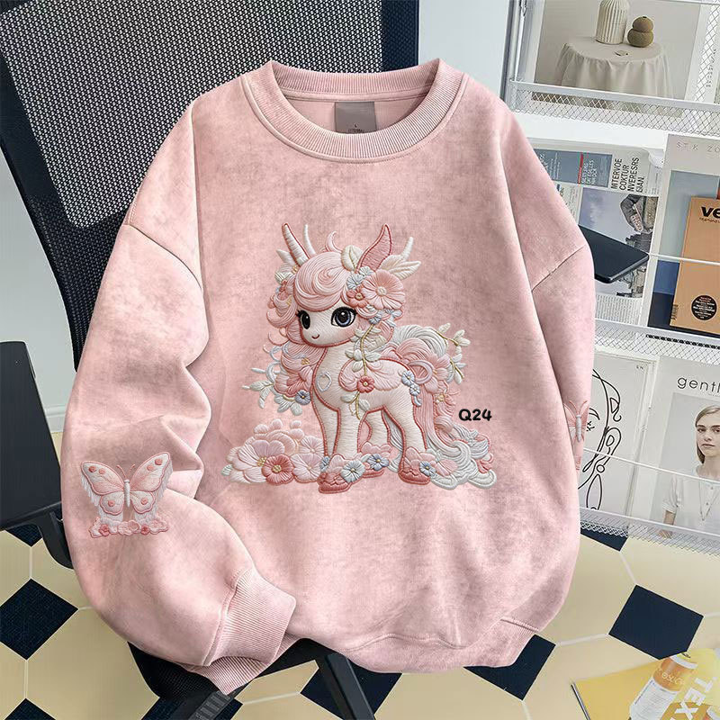 Girls' Tie-Dye Crew Neck Sweatshirt, Spring, Autumn, Winter 2026 New Style, Cartoon Unicorn, Trendy Fleece-Lined Top for Older Children