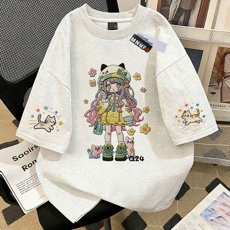 女童纯棉短袖T恤夏季2026新款中鲨鱼小猫大童洋气百搭半袖上衣服 — 43