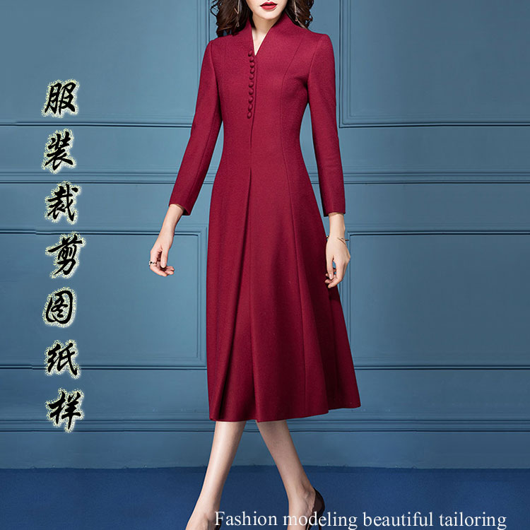 Spring, autumn and winter new long-sleeved woolen dress pattern women's clothing large swing skirt dress sample cutting diagram