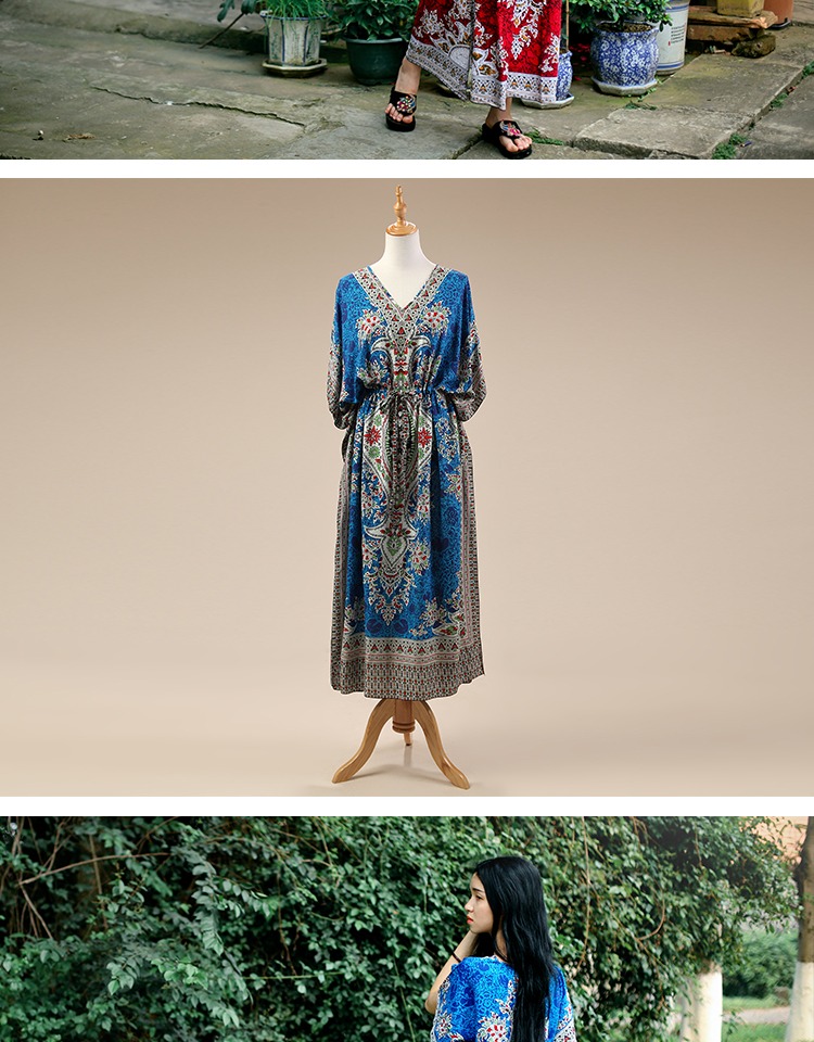 Áo dài dân tộc in hoa cotton và vải lanh nghệ thuật váy dài V-cổ boho retro kỳ nghỉ Thái Lan đầm 2 dây suông dài