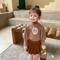 Girl High Collar Undershirt Autumn Winter Thickened Foreign Air Korean Version Plus Suede Knit Children Bubble Sleeves Baby Pure Cotton Boy