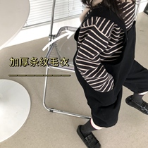 Girl Lian Hat Sweater Striped Knit Loose 2022 New Autumn Winter Thickened Foreign Air Baby Children Han Edition Winter Clothing