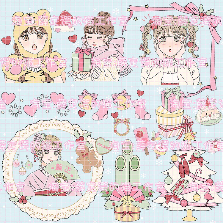 L1050 Winter Day Cute Cartoon Christmas Hand Painted Teenage Girl Free of PNG Sticker Design Material