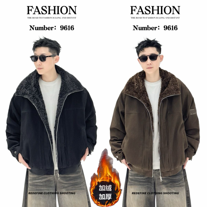 Winter New Men's Teddy Fleece Turn-Down Collar Work Jacket, Thickened Warm Loose Coat with Fleece Lining, Trendy Style Winter New Men's Teddy Fleece Turn-Down Collar Work Jacket, Thickened Warm Loose Coat with Fleece Lining, Trendy Style