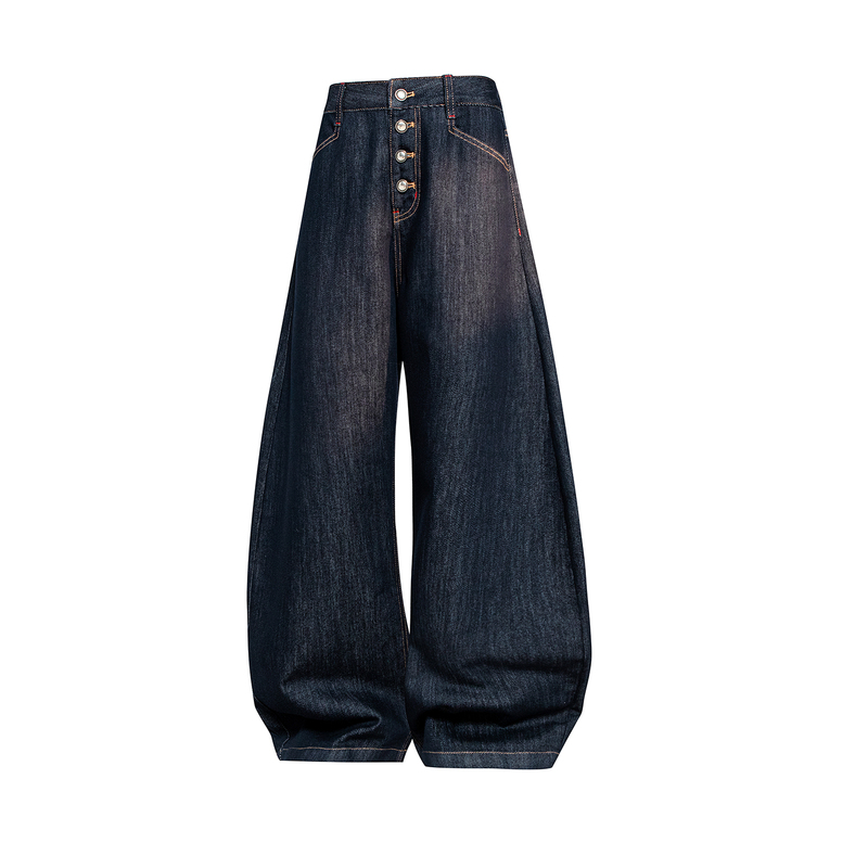 Qianqianjia American Retro Denim Trousers with Button Design, Curved Hem, Floor-Length Jeans, 2025 New Loose Fit Style
