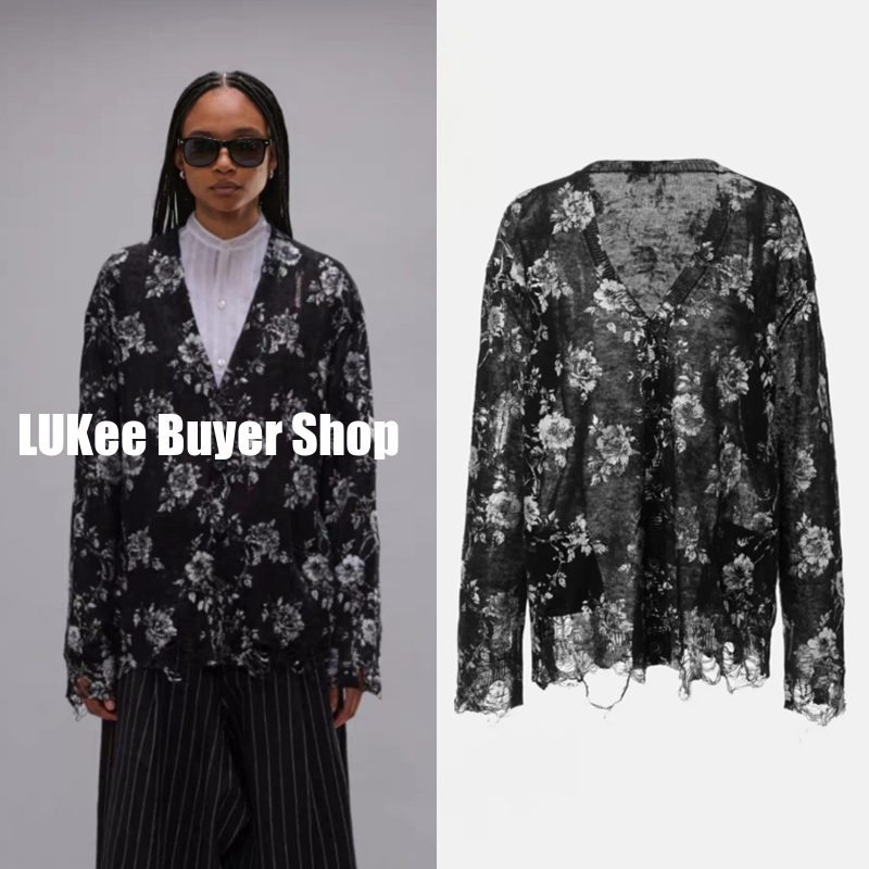 Buyer's Store R13 Song Qian's Same Style Summer New Linen Knit Black and White Washed Vintage Floral Sun Protection Cardigan for Women