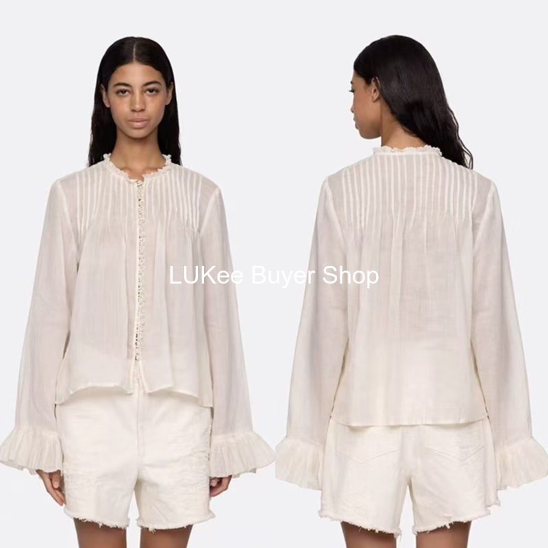 Buyer's Store Sea New Nork Loose-Fitting Everyday Pearl Single-Breasted Stand-Up Collar Pleated Lace Shirt for Women