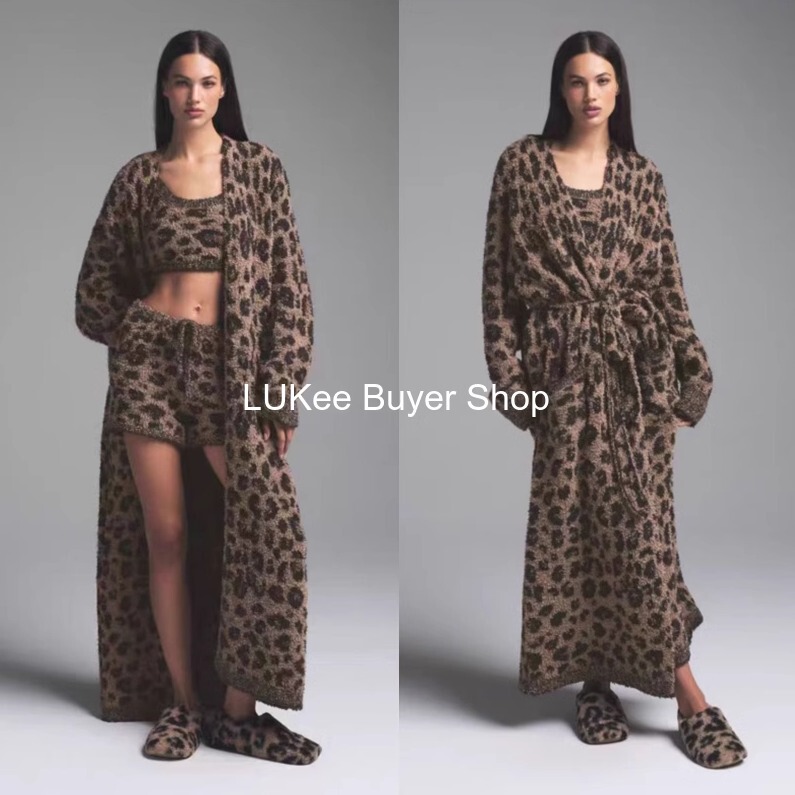 Skims Kardashian Leopard Print Knit Hooded Top Plush Vest Jacket Long Pants Pajama Set for Women Skims Kardashian Leopard Print Knit Hooded Top Plush Vest Jacket Long Pants Pajama Set for Women