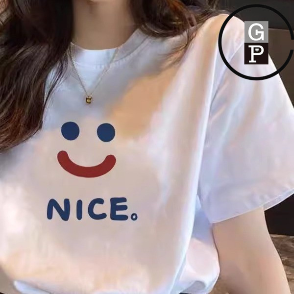 Japanese Style Gp New White Smiley Face Pure Cotton Short-Sleeve T-Shirt for Women, Loose Design, Niche Summer Half-Sleeve Top, Trendy