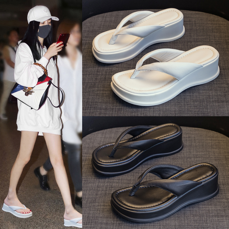 Japanese Gp Yang Mi Genuine Leather New Thick-Soled Flip-Flops for Women, Summer Outdoor Wedge Heel Soft-Soled Beach Sandals Japanese Gp Yang Mi Genuine Leather New Thick-Soled Flip-Flops for Women, Summer Outdoor Wedge Heel Soft-Soled Beach Sandals