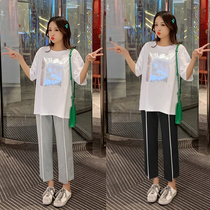 Maternity summer suit out of fashion trendy mom nine-point wide leg pants summer leisure sports two-piece set thin