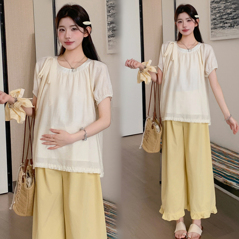 Maternity Summer Tops to Cover the Belly, Babydoll Shirts, Summer Trendy Mom Pregnancy French-Style Outfits, Wide-Leg Pants Two-Piece Set
