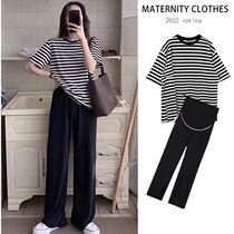 Pregnant Woman Summer Clothing Suit Stylish out of summer striped short sleeve T-shirt blouse Casual Broadlegged Pants Two-piece Set