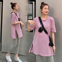 Maternity t-shirt Summer short-sleeved blouse Summer loose base shirt Western style maternity dress summer suit two-piece set