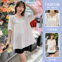 Doll-shirt pregnant woman shirt Summer snow-spinning blouse cover with small subheading outside suit pants Two suits