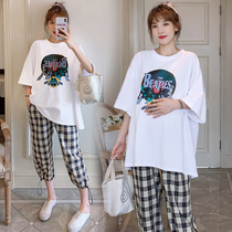 Foreign style maternity suit summer out of casual fashion models net red pregnant mother tide small two-piece set summer