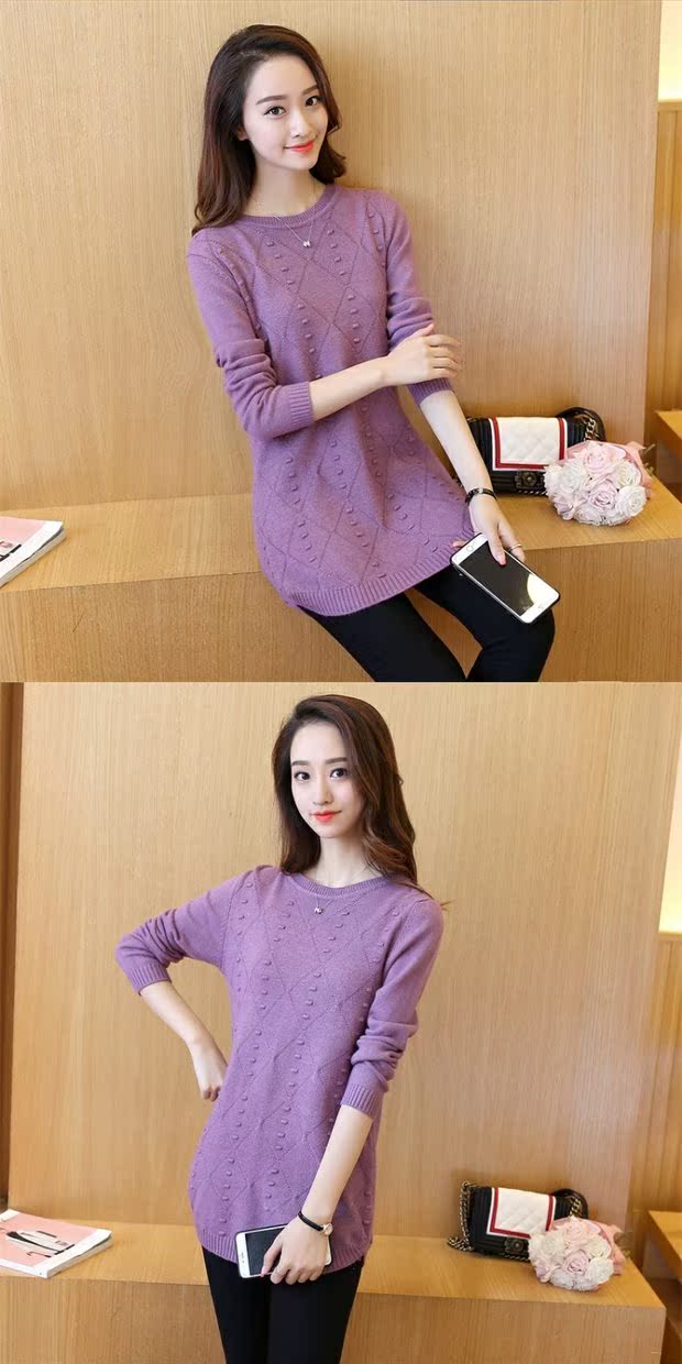 Mùa xuân mới Hàn Quốc áo len nữ bộ đầu trong đoạn dài hoang dã áo len cổ tròn áo sơ mi áo sơ mi mùa thu đông áo len nữ hàng hiệu