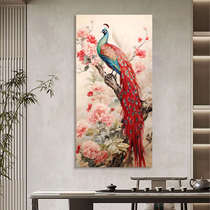 Rich Peacock Living Room Decorative Painting New Chinese Style Peony Blossom Rich Hand-painted Oil Painting Entrance Aisle Corridor Hanging