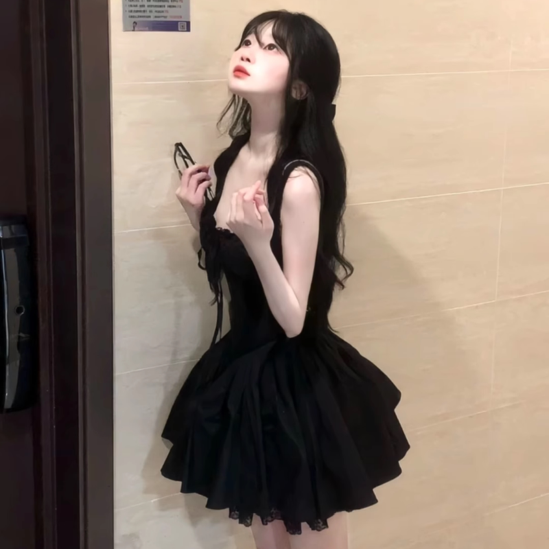 Korean Style Black Suspender Dress for Women, New Summer Style, Waist-Cinching, Puffy Short Skirt, High-End Student Princess Dress Korean Style Black Suspender Dress for Women, New Summer Style, Waist-Cinching, Puffy Short Skirt, High-End Student Princess Dress