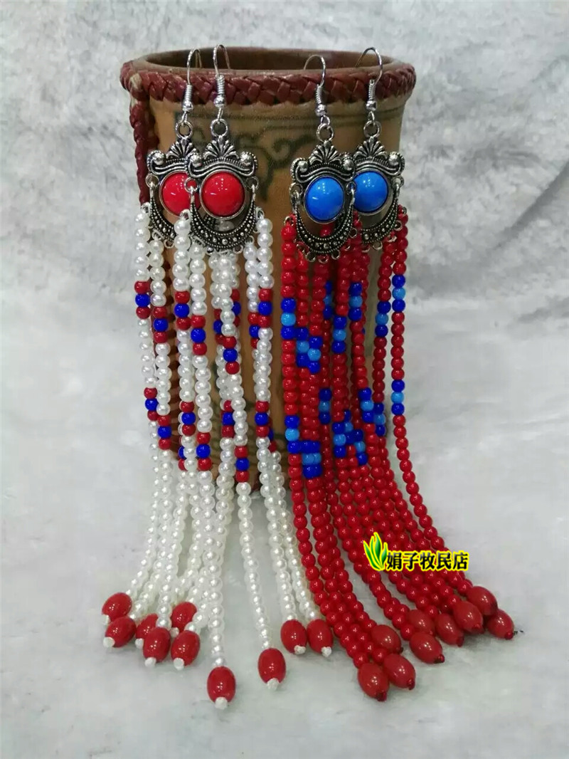 Mongolian national style long version silver tassel beaded drop earrings earrings earrings Femininity personality wild long pearl earrings