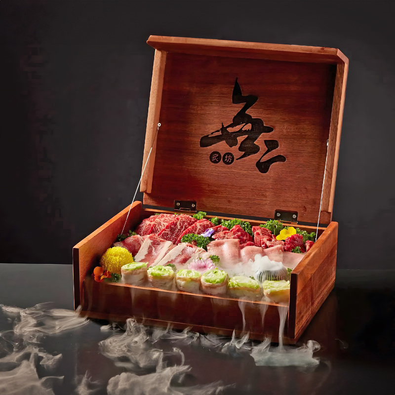 Internet-Famous Japanese Sushi, Specialty Hot Pot, Korean Barbecue Restaurant, Dry Ice with Lid, Smoky Artistic Dish, Creative Wooden Box Tableware