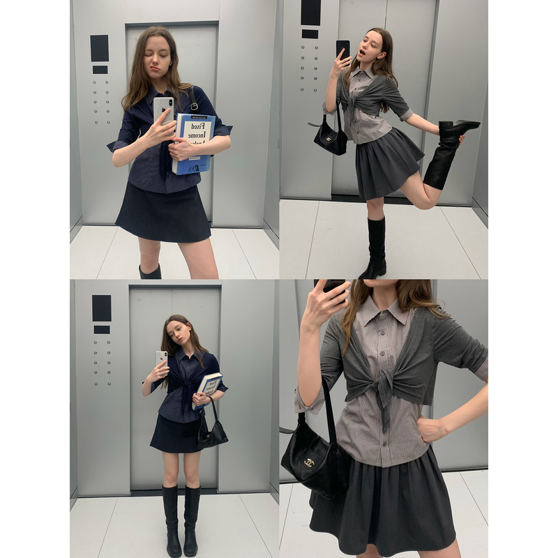 Kernel Cosmos Preppy Style Fashionable College Lapel Cardigan with Shawl, Fake Two-Piece Mid-Sleeve Top