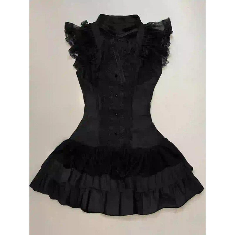 Qingya Girl Original Black Stand Collar Shirt Dress for Women Summer Vintage Style Lace Patchwork