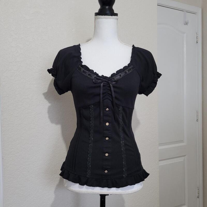 Qingya Girl Original Black Lace Trim Puff Sleeve T-Shirt for Women Summer Vintage Style Waist-Cinching Top