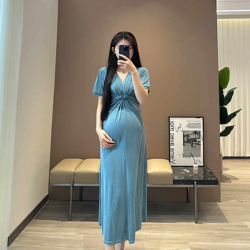 Wawa Maternity Wear 2026 Summer High-Elastic Modal Ice Silk Dress Adjustable Elegant Slimming Mid-Length Dress