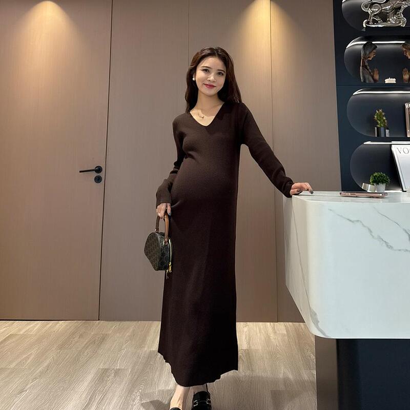 Wawa Maternity Wear Autum Long Skirt with V Neck, Slimming Look French Style Knitted Dress, Sweater, High Elasticity and Slimming Look