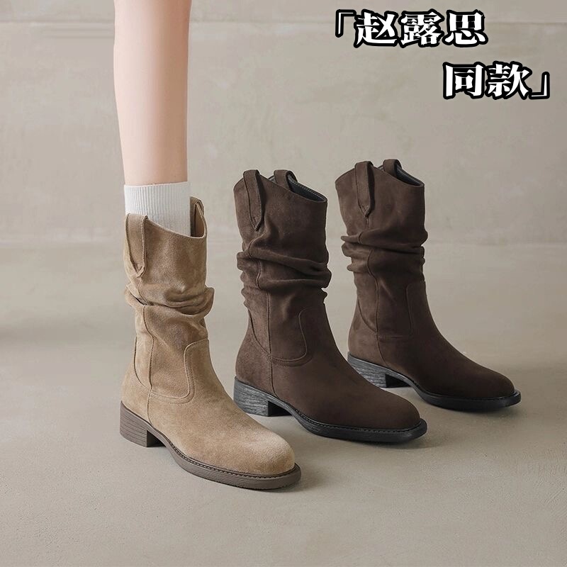Brand Genuine Leather Slouch Boots for Women, Mid-Calf Boots, 2026 New Autumn High-Heeled Western Cowboy Short Boots, Riding Martin Boots