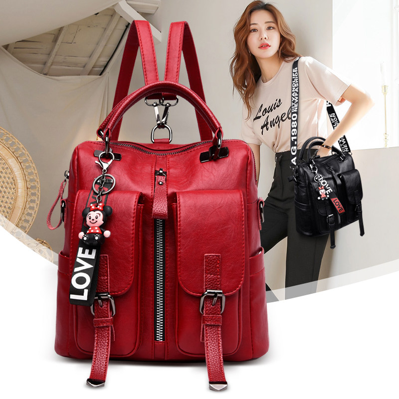 Double shoulder bag women's bag soft leather 2021 new versatile fashion shoulder messenger bag three-way bag with leather multi-purpose bag