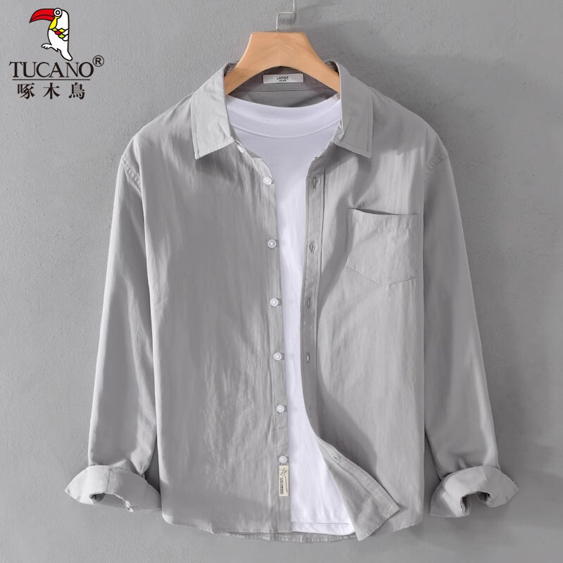 Spring and Summer Thin Pure Cotton Long-Sleeved Shirt for Young Men, Casual Solid Color Shirt, Japanese Style Fresh and Simple Men's Shirt