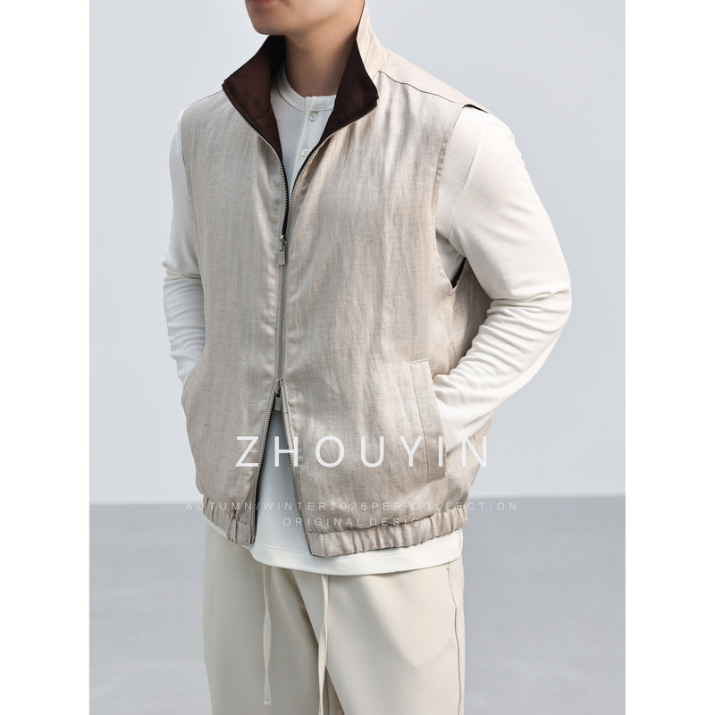 Zhouyin Daytime Hidden Style Stand Collar Reversible Vest Zipper Jacket Italian Old Money Style Tencel Linen Sleeveless Top